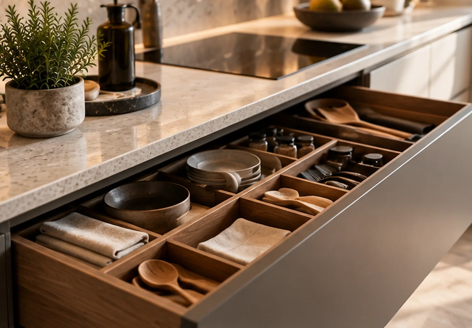 Detalhe de arrumação numa cozinha por medida
