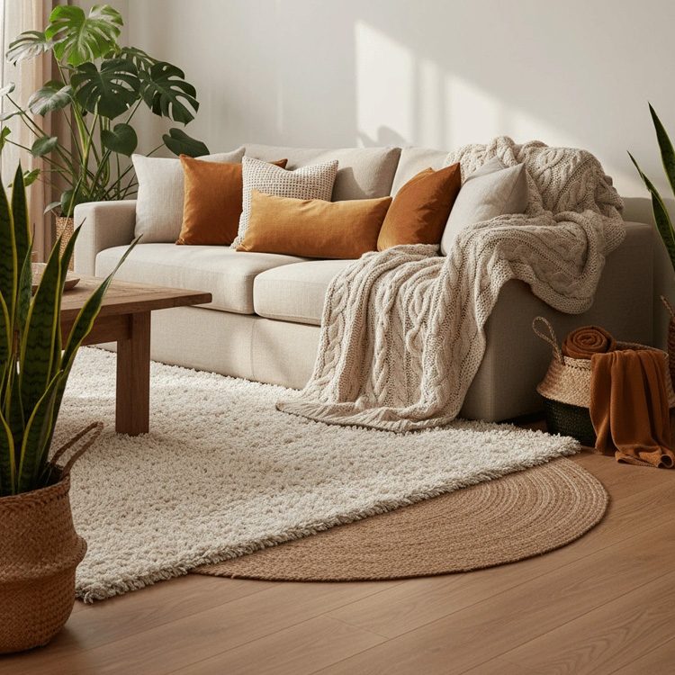 Ambiente natural com materiais orgânicos e mobiliário de linhas simples