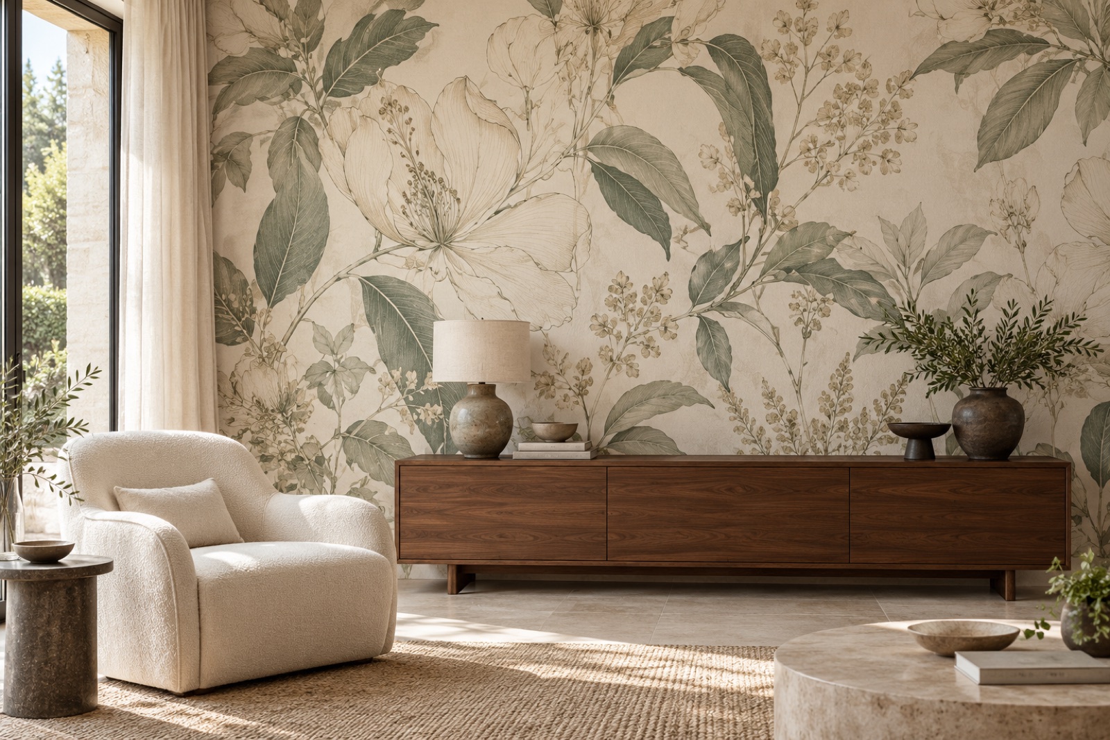Parede decorativa com padrão botânico em tons naturais, numa sala luminosa