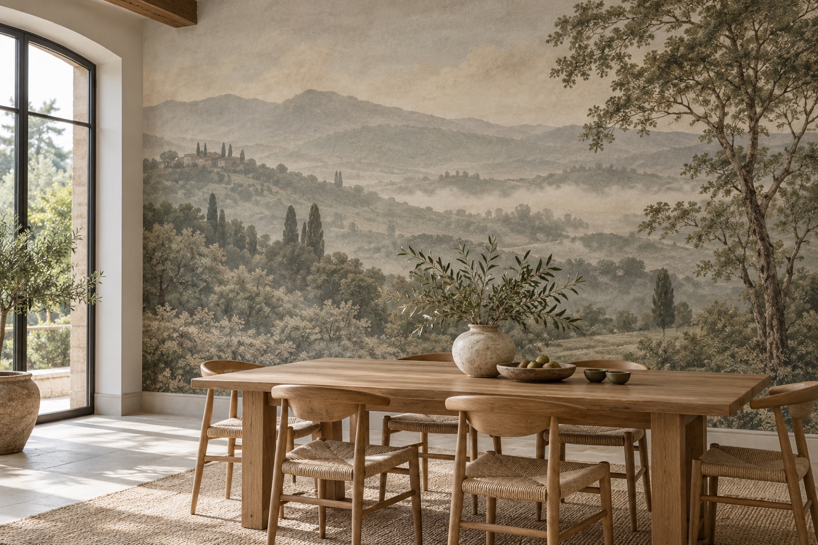 Mural panorâmico de paisagem numa zona de refeições