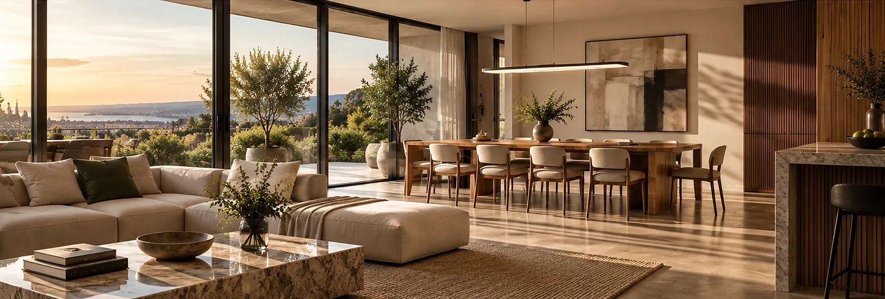 Ambiente de interiores com mobiliário e materiais coordenados
